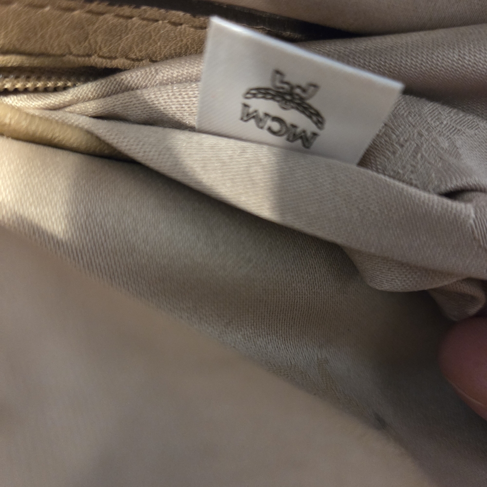 MCM Studded Med Sz(Unisex) Leather Backpack Beige Silver Metal Logo Plate ( EUC) - Picture 13 of 15